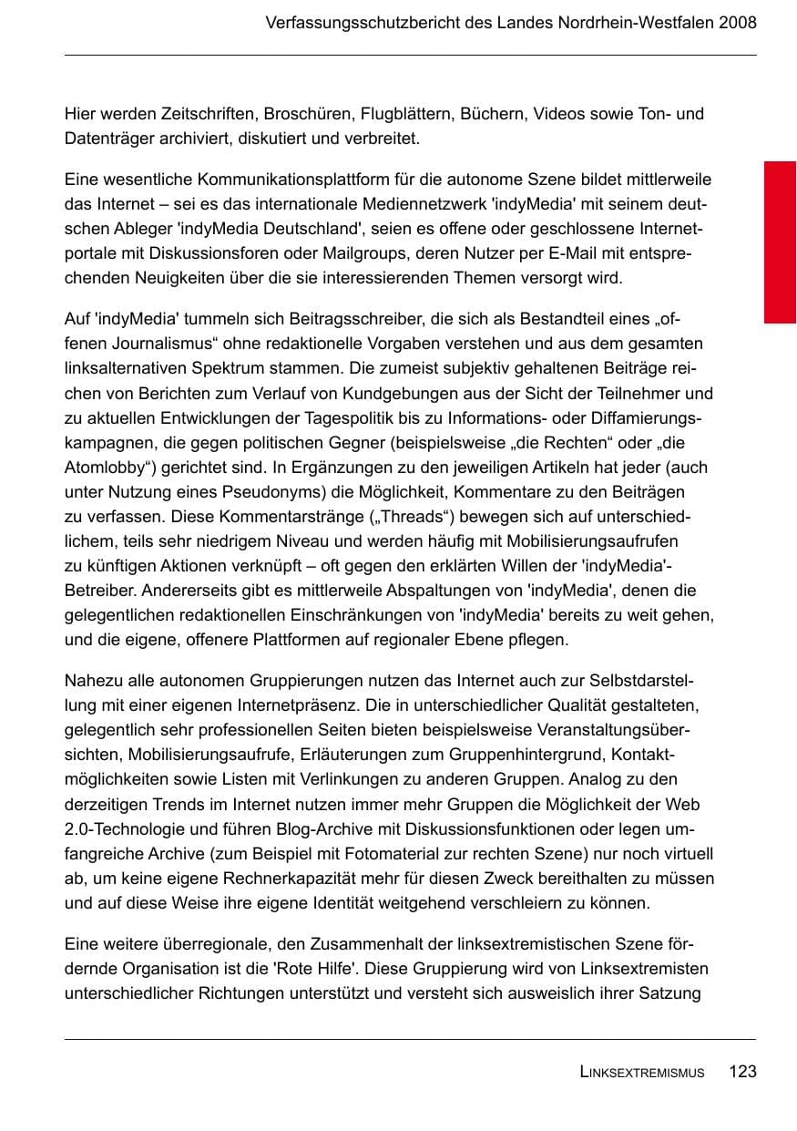 Seite 125 des Verfassungsschutzbericht 2008 Nordrhein-Westfalen