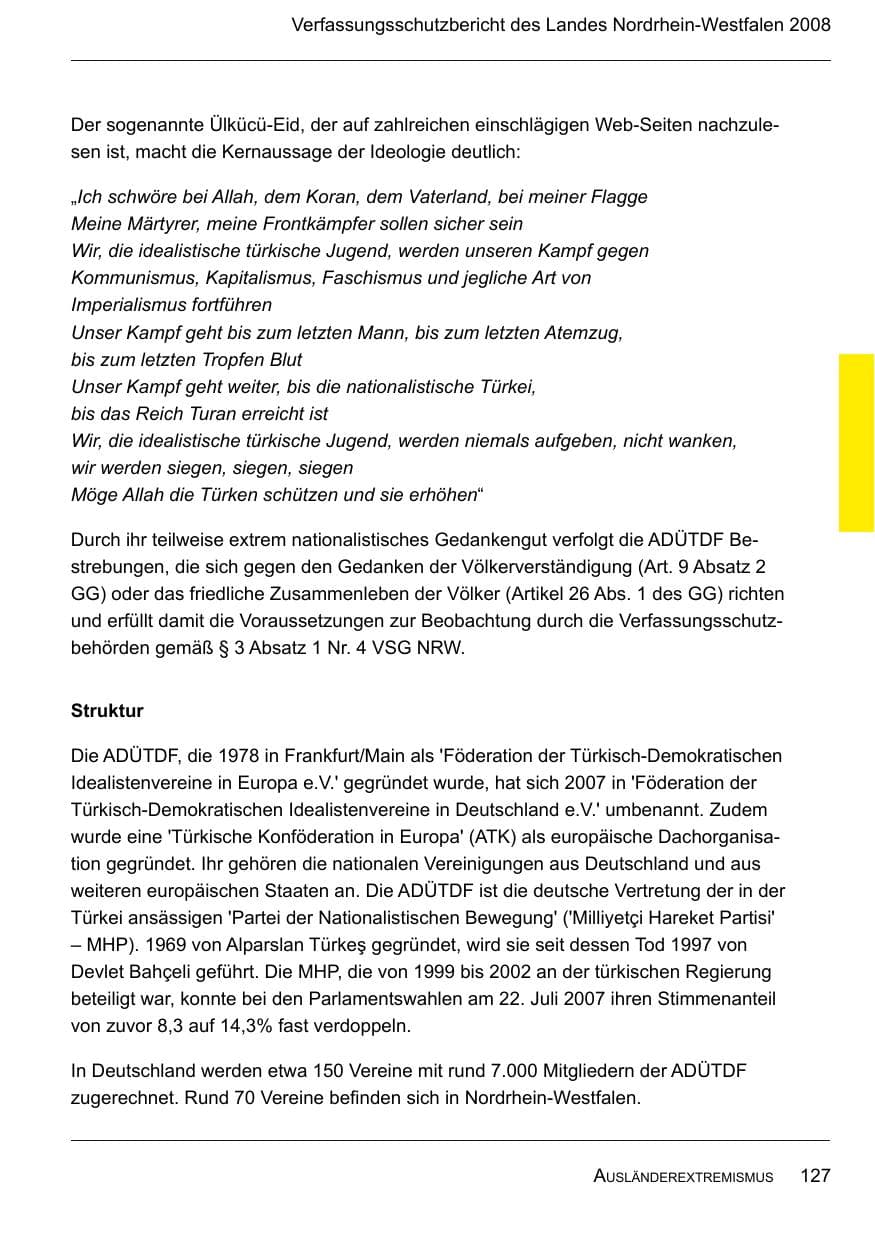 Seite 129 des Verfassungsschutzbericht 2008 Nordrhein-Westfalen