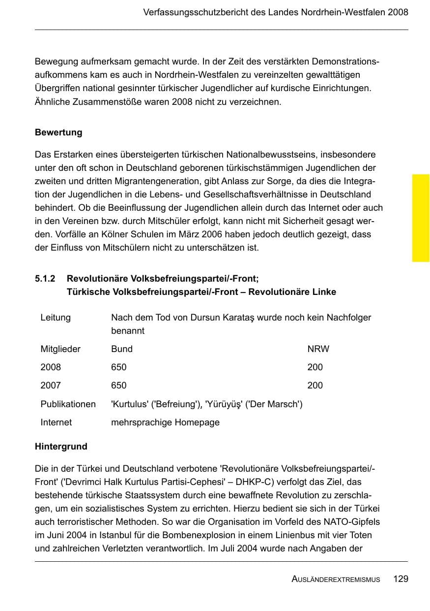 Seite 131 des Verfassungsschutzbericht 2008 Nordrhein-Westfalen