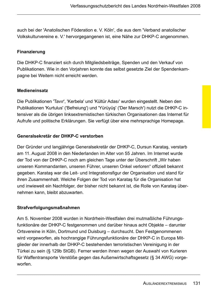 Seite 133 des Verfassungsschutzbericht 2008 Nordrhein-Westfalen