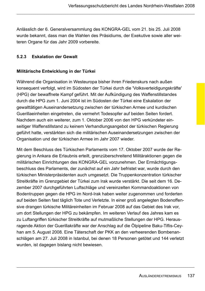 Seite 139 des Verfassungsschutzbericht 2008 Nordrhein-Westfalen