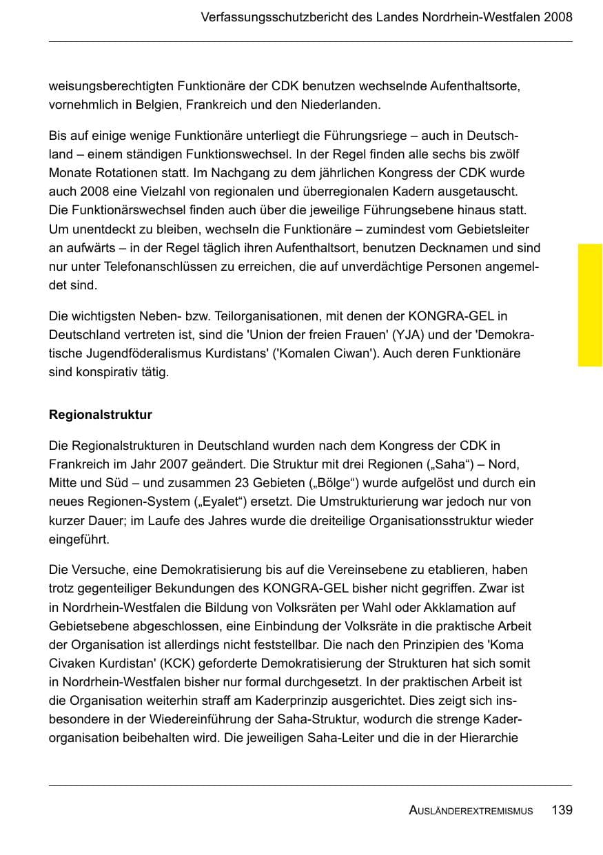Seite 141 des Verfassungsschutzbericht 2008 Nordrhein-Westfalen
