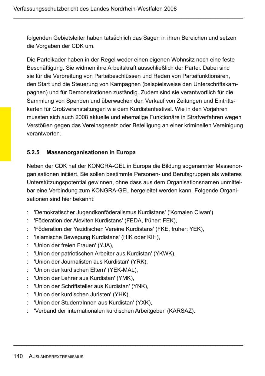 Seite 142 des Verfassungsschutzbericht 2008 Nordrhein-Westfalen