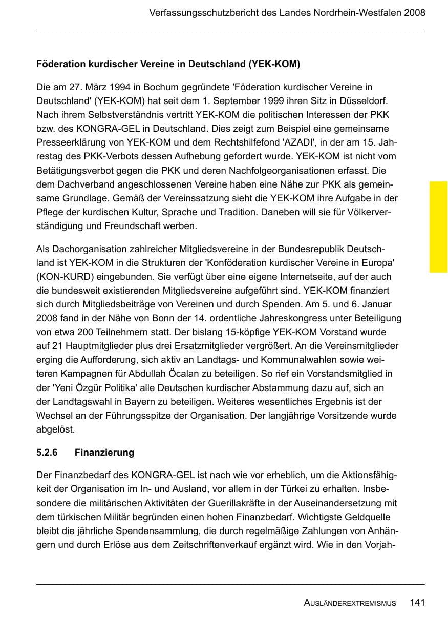 Seite 143 des Verfassungsschutzbericht 2008 Nordrhein-Westfalen
