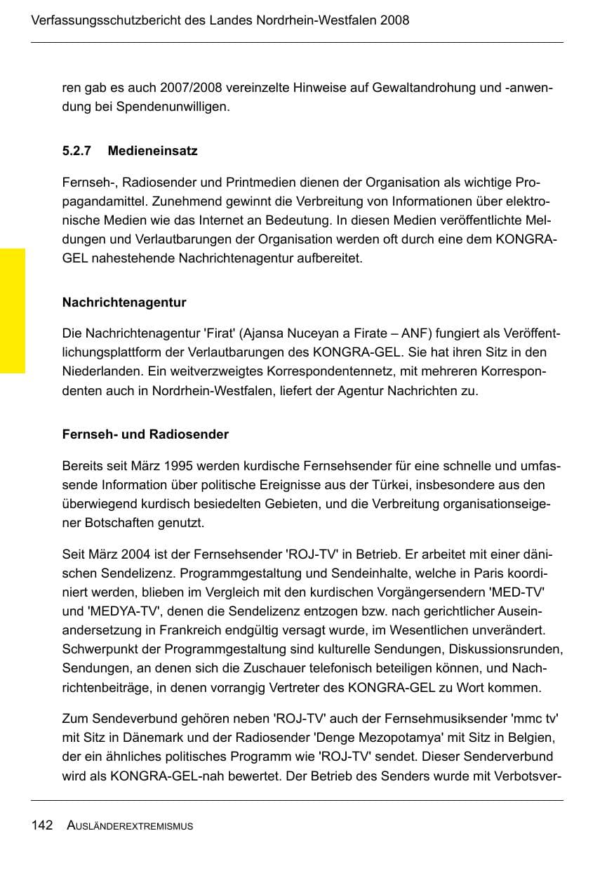 Seite 144 des Verfassungsschutzbericht 2008 Nordrhein-Westfalen