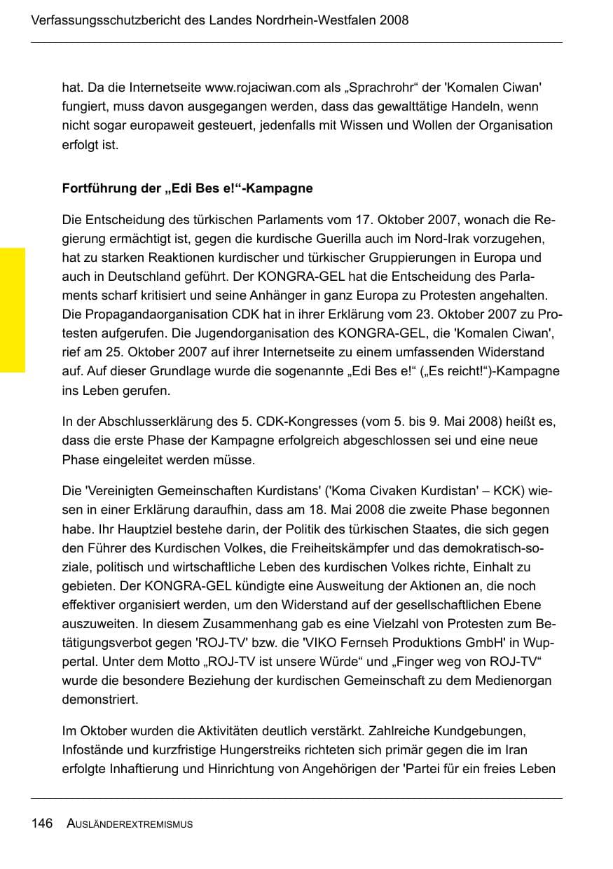 Seite 148 des Verfassungsschutzbericht 2008 Nordrhein-Westfalen