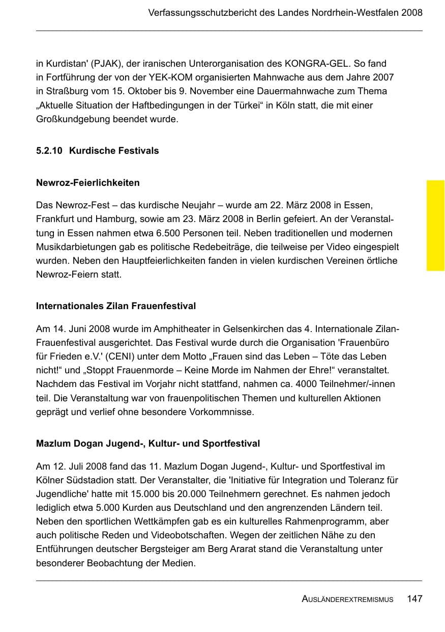 Seite 149 des Verfassungsschutzbericht 2008 Nordrhein-Westfalen