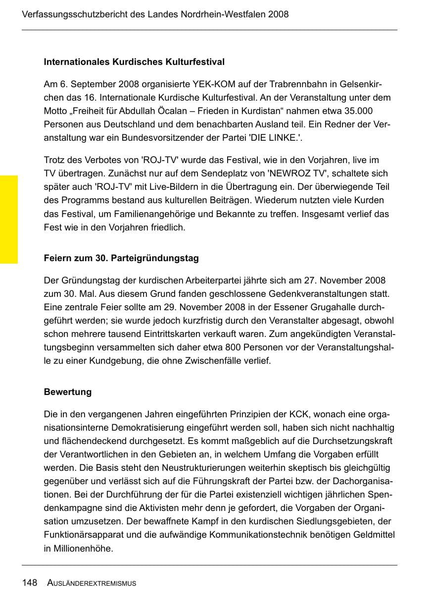 Seite 150 des Verfassungsschutzbericht 2008 Nordrhein-Westfalen