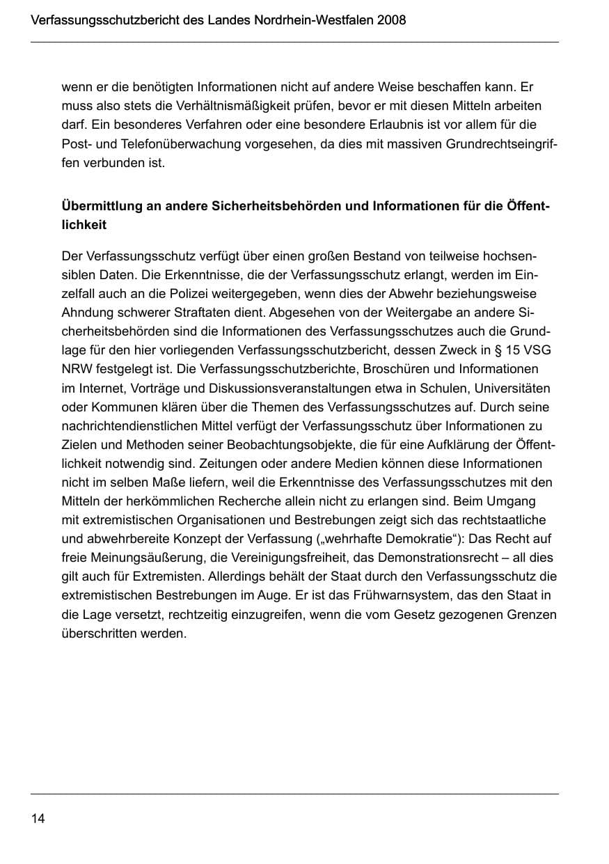 Seite 16 des Verfassungsschutzbericht 2008 Nordrhein-Westfalen
