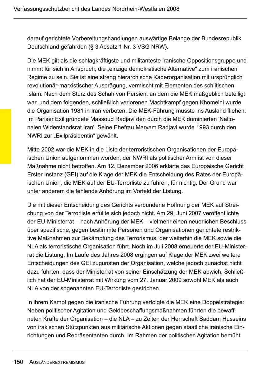 Seite 152 des Verfassungsschutzbericht 2008 Nordrhein-Westfalen