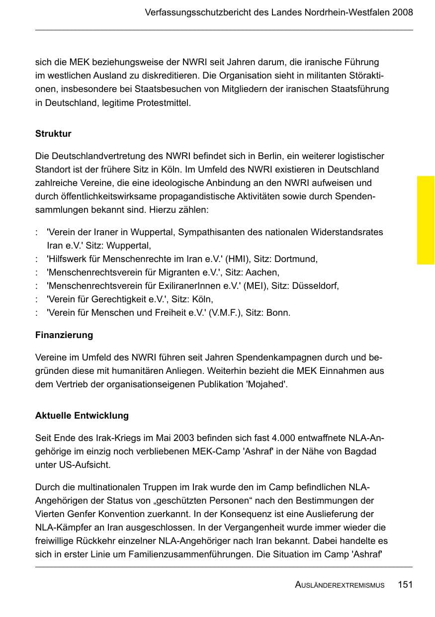 Seite 153 des Verfassungsschutzbericht 2008 Nordrhein-Westfalen