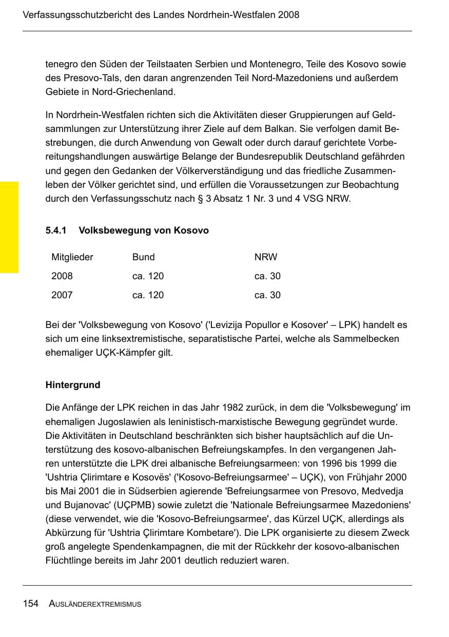 Seite 156 des Verfassungsschutzbericht 2008 Nordrhein-Westfalen