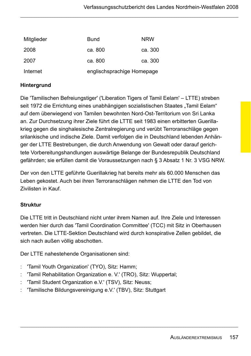 Seite 159 des Verfassungsschutzbericht 2008 Nordrhein-Westfalen
