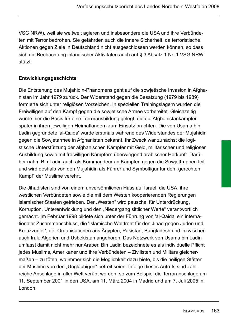 Seite 165 des Verfassungsschutzbericht 2008 Nordrhein-Westfalen