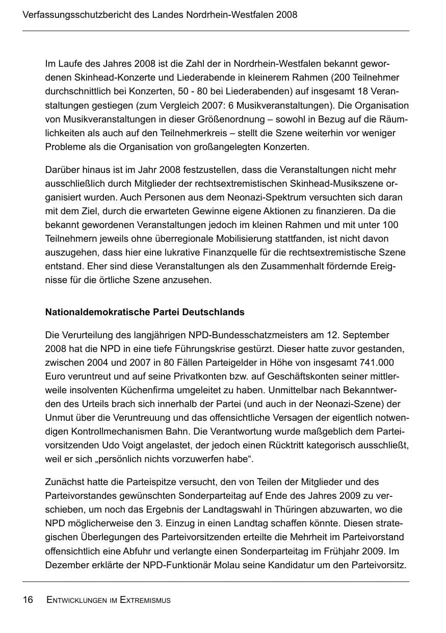 Seite 18 des Verfassungsschutzbericht 2008 Nordrhein-Westfalen