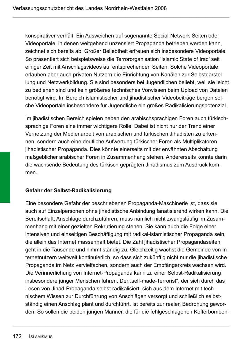 Seite 174 des Verfassungsschutzbericht 2008 Nordrhein-Westfalen