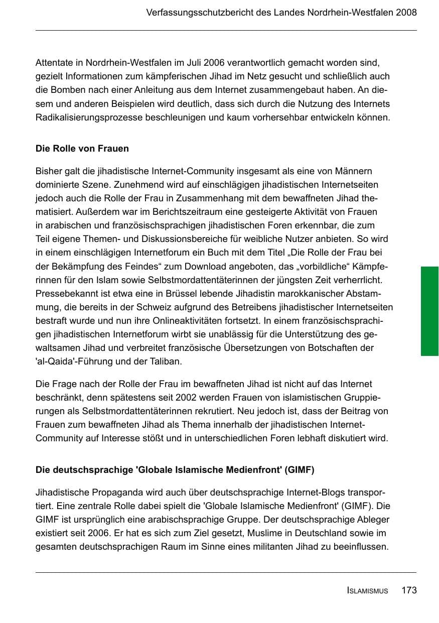 Seite 175 des Verfassungsschutzbericht 2008 Nordrhein-Westfalen