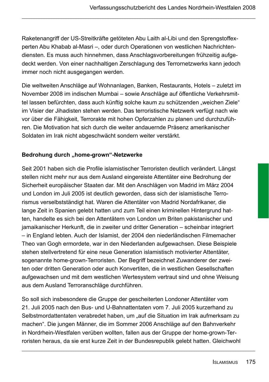 Seite 177 des Verfassungsschutzbericht 2008 Nordrhein-Westfalen