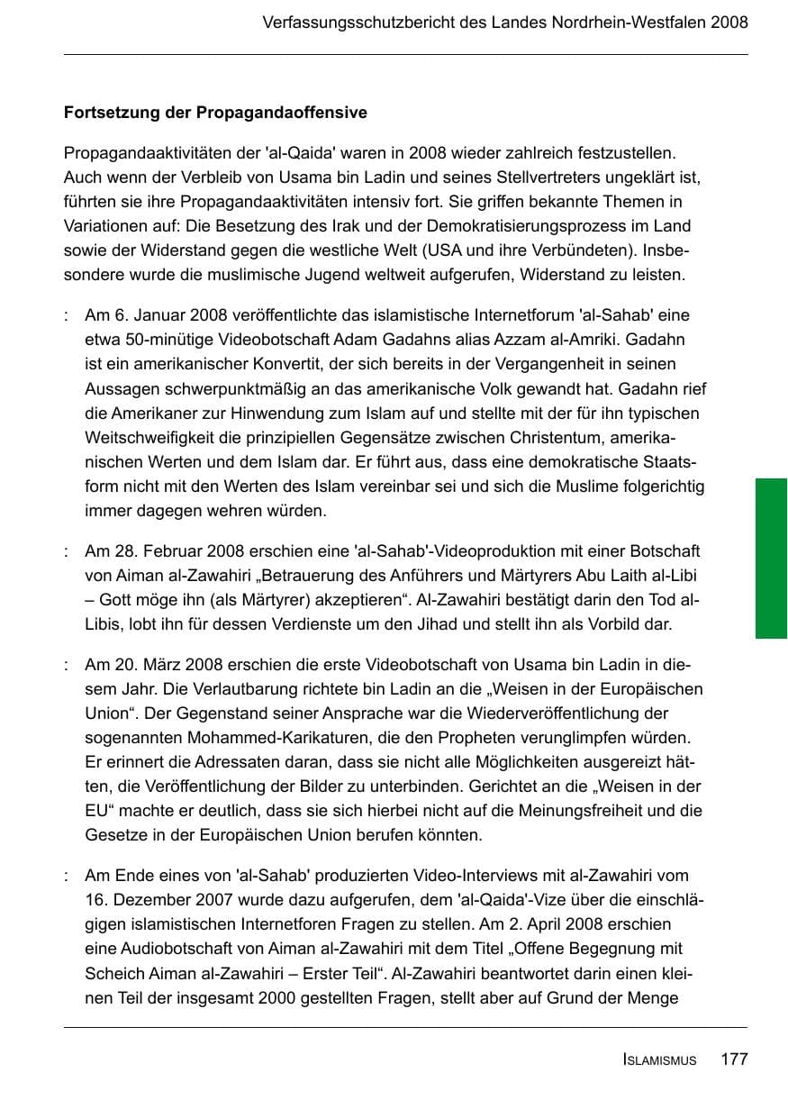 Seite 179 des Verfassungsschutzbericht 2008 Nordrhein-Westfalen