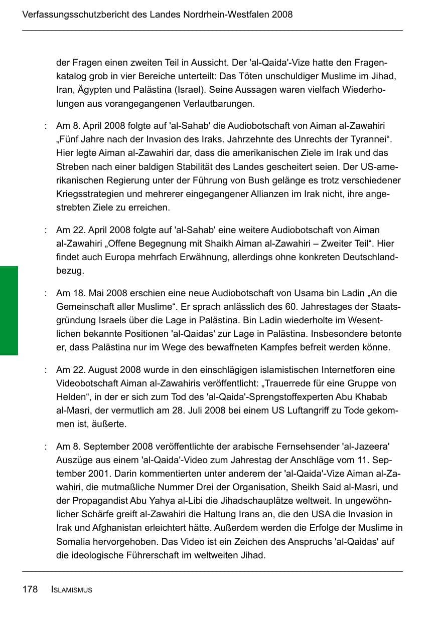 Seite 180 des Verfassungsschutzbericht 2008 Nordrhein-Westfalen