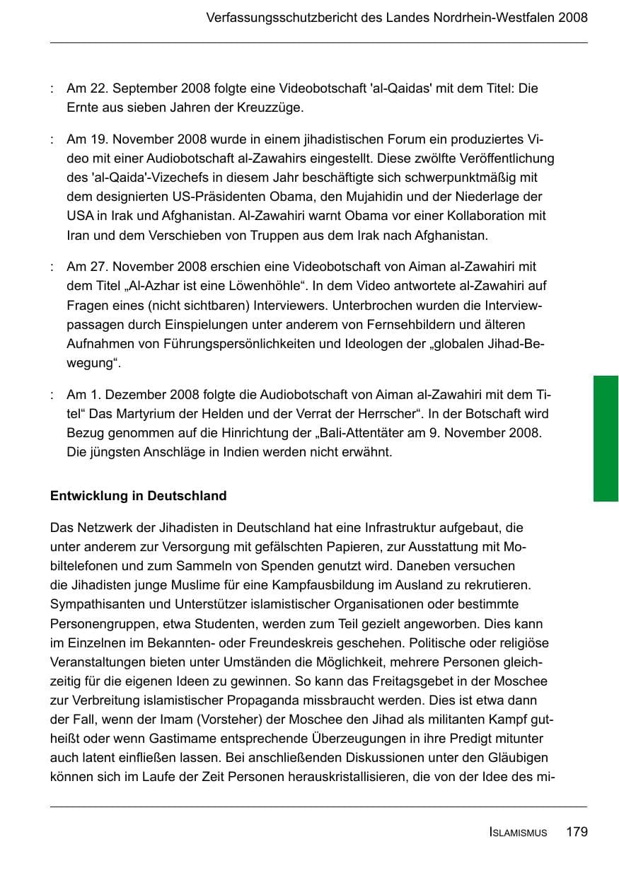 Seite 181 des Verfassungsschutzbericht 2008 Nordrhein-Westfalen