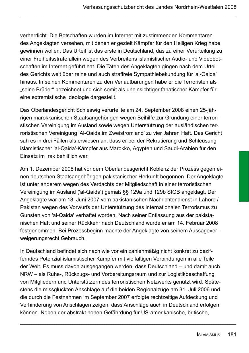 Seite 183 des Verfassungsschutzbericht 2008 Nordrhein-Westfalen