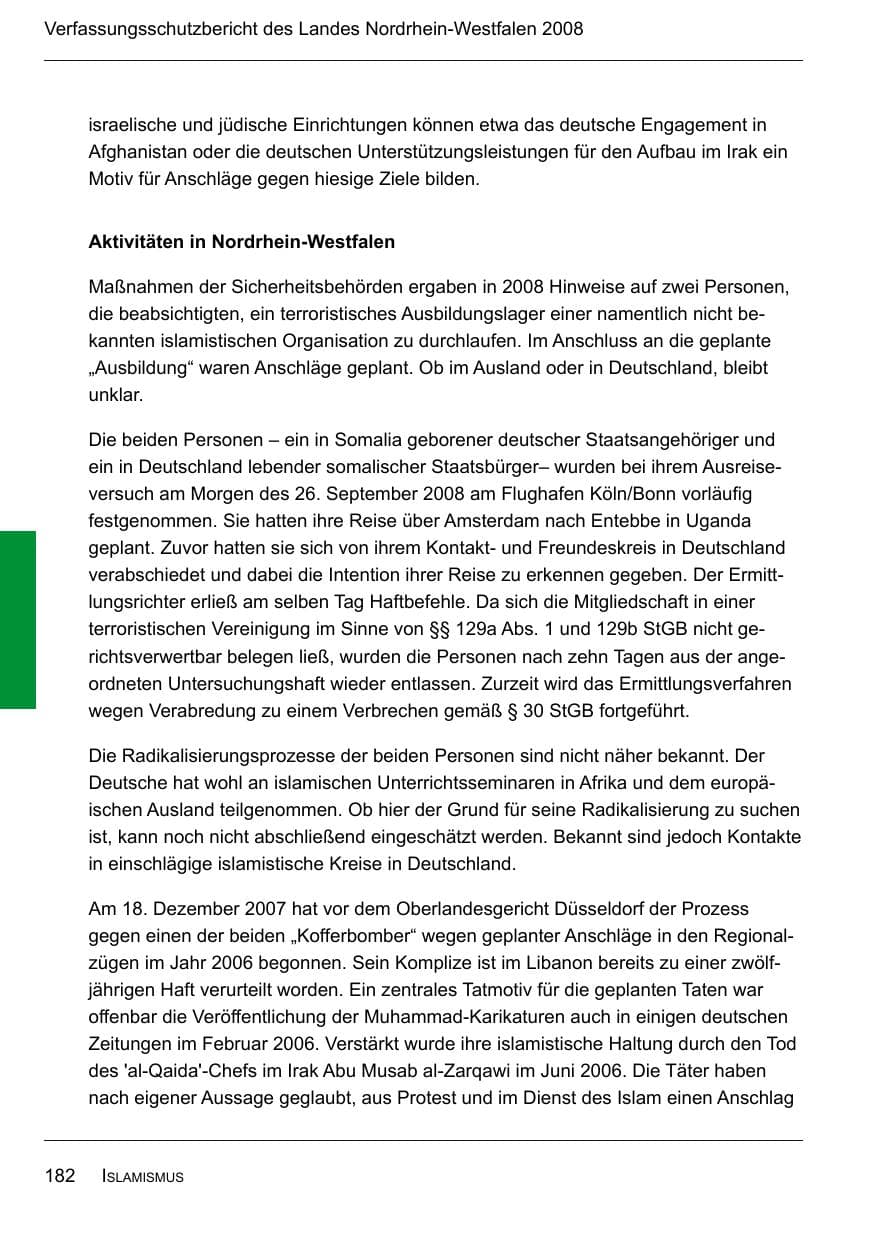 Seite 184 des Verfassungsschutzbericht 2008 Nordrhein-Westfalen