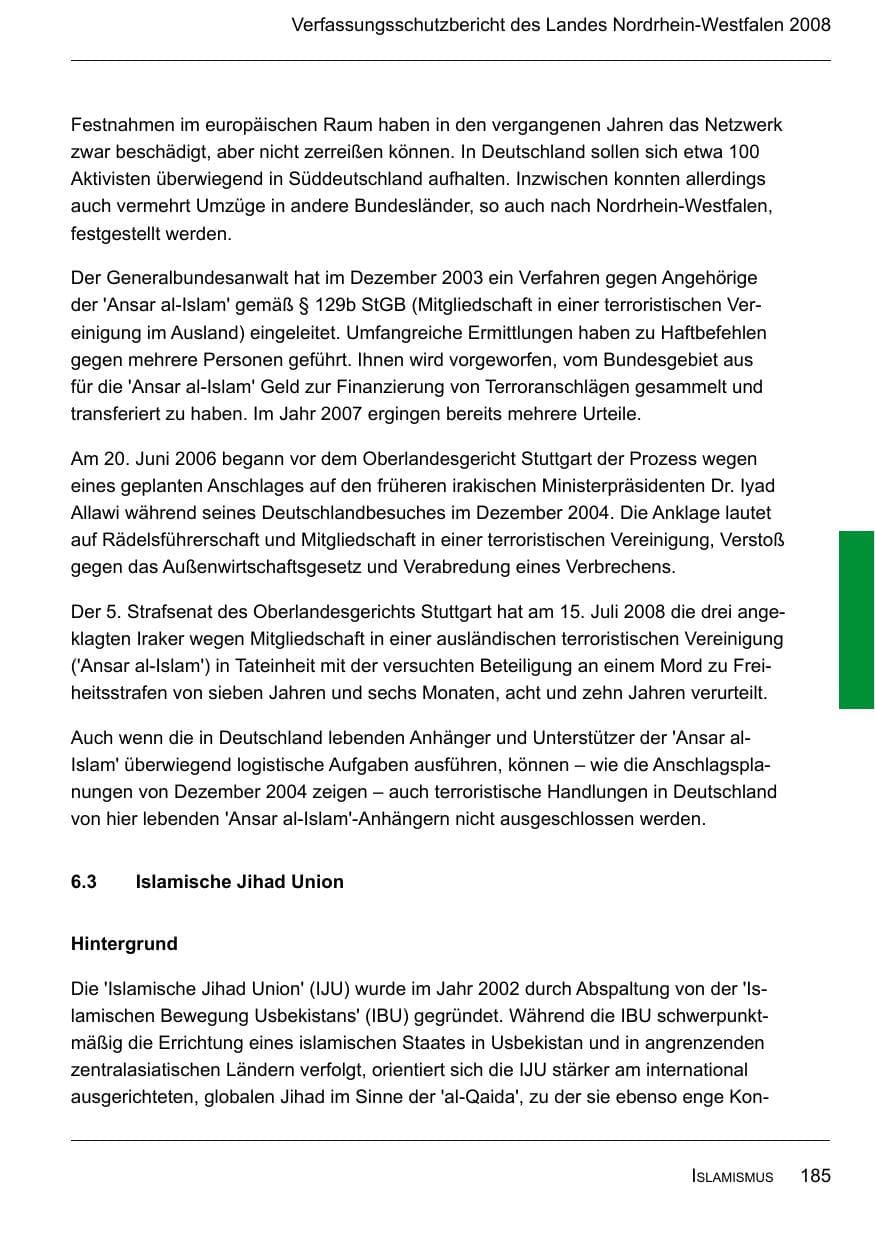 Seite 187 des Verfassungsschutzbericht 2008 Nordrhein-Westfalen