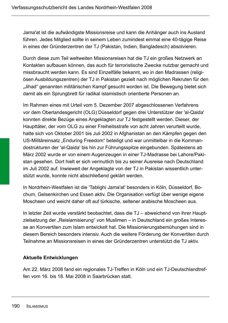 Seite 192 des Verfassungsschutzbericht 2008 Nordrhein-Westfalen