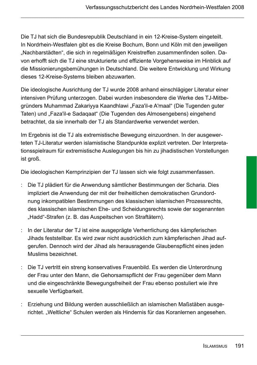 Seite 193 des Verfassungsschutzbericht 2008 Nordrhein-Westfalen