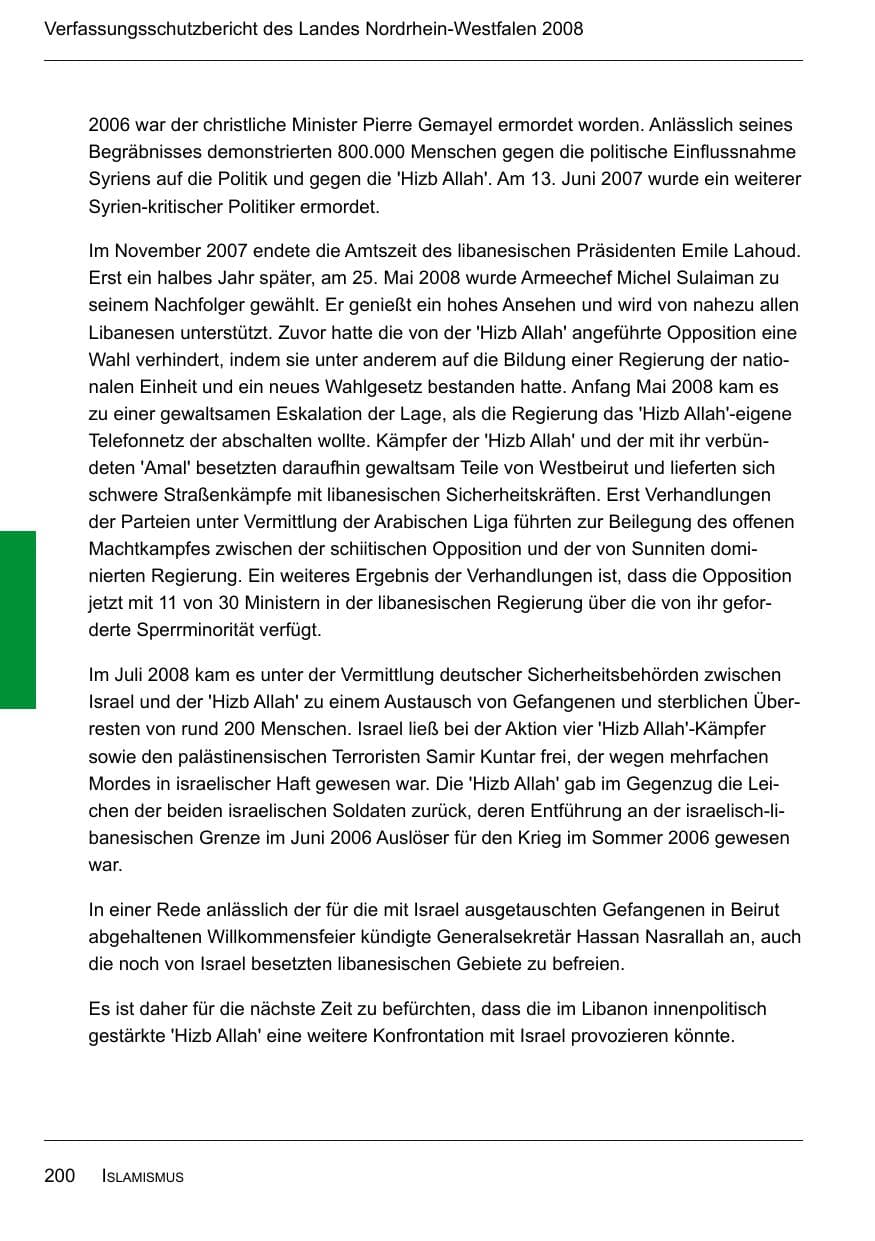 Seite 202 des Verfassungsschutzbericht 2008 Nordrhein-Westfalen
