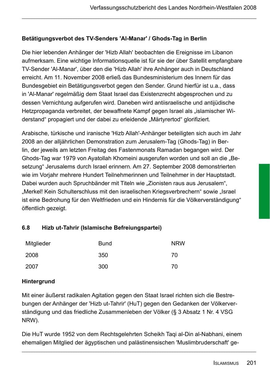 Seite 203 des Verfassungsschutzbericht 2008 Nordrhein-Westfalen