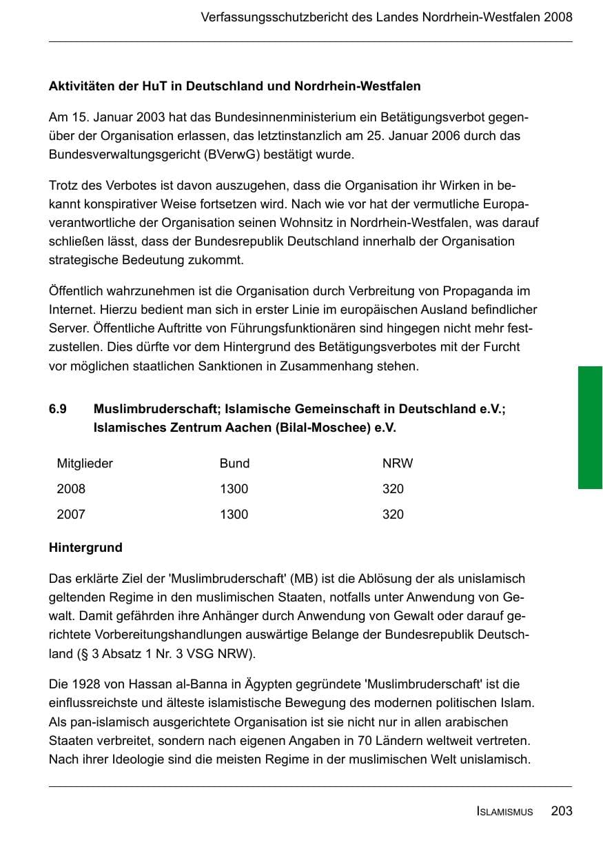 Seite 205 des Verfassungsschutzbericht 2008 Nordrhein-Westfalen