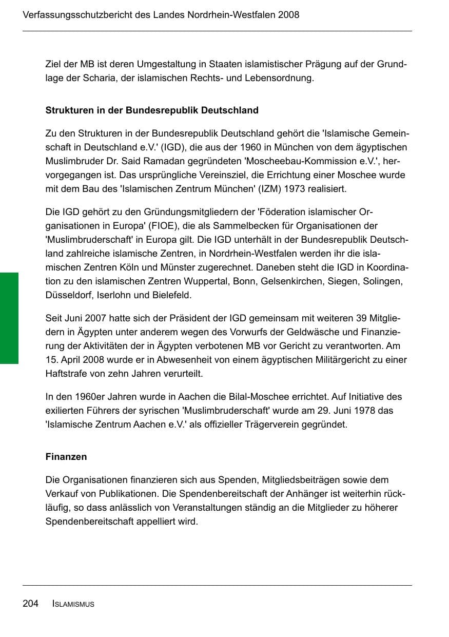 Seite 206 des Verfassungsschutzbericht 2008 Nordrhein-Westfalen