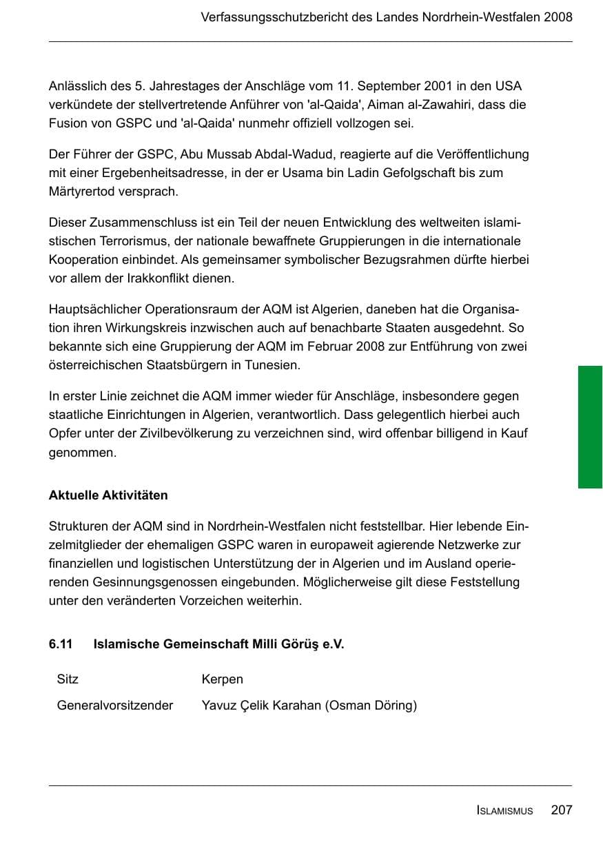 Seite 209 des Verfassungsschutzbericht 2008 Nordrhein-Westfalen