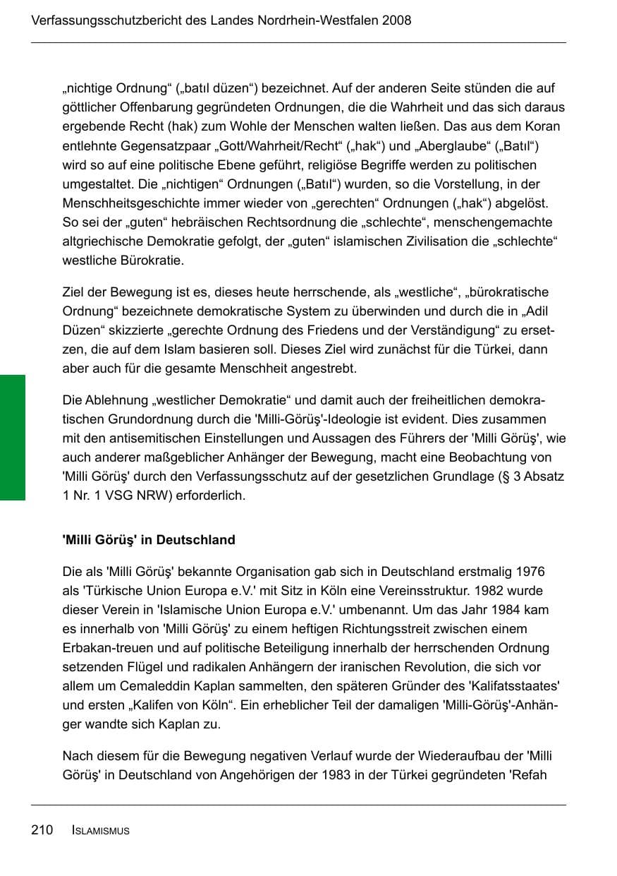 Seite 212 des Verfassungsschutzbericht 2008 Nordrhein-Westfalen