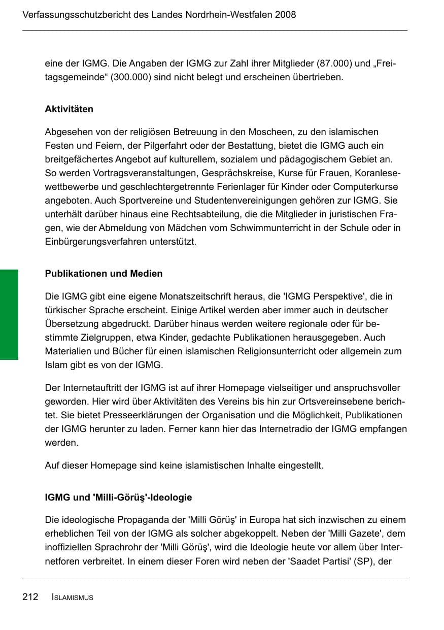 Seite 214 des Verfassungsschutzbericht 2008 Nordrhein-Westfalen