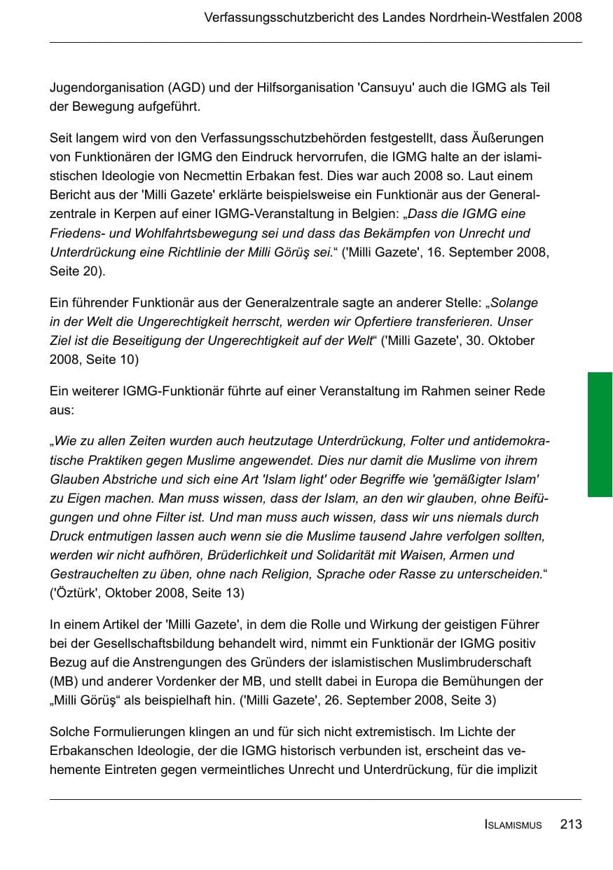 Seite 215 des Verfassungsschutzbericht 2008 Nordrhein-Westfalen