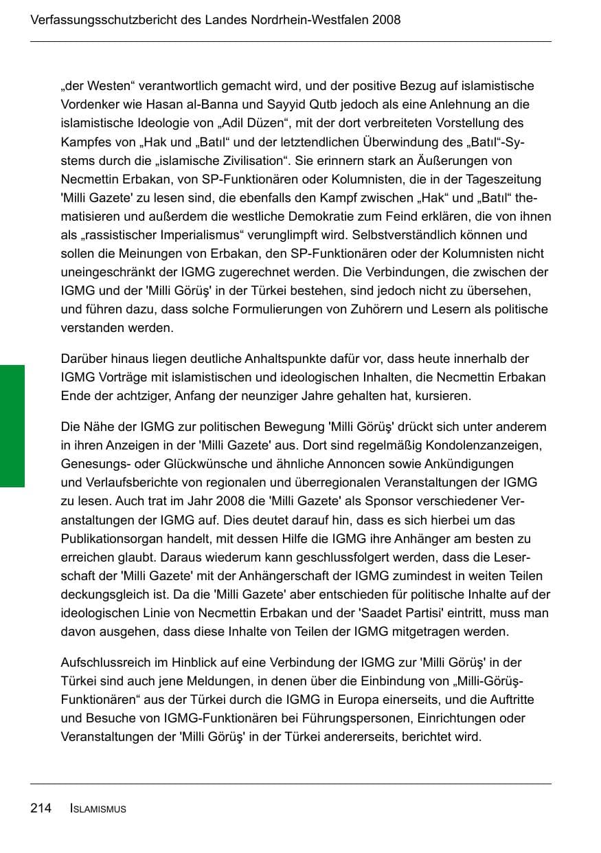 Seite 216 des Verfassungsschutzbericht 2008 Nordrhein-Westfalen