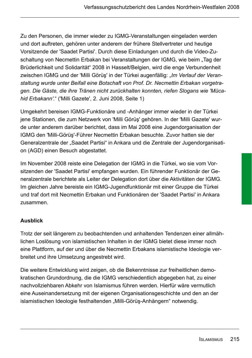 Seite 217 des Verfassungsschutzbericht 2008 Nordrhein-Westfalen