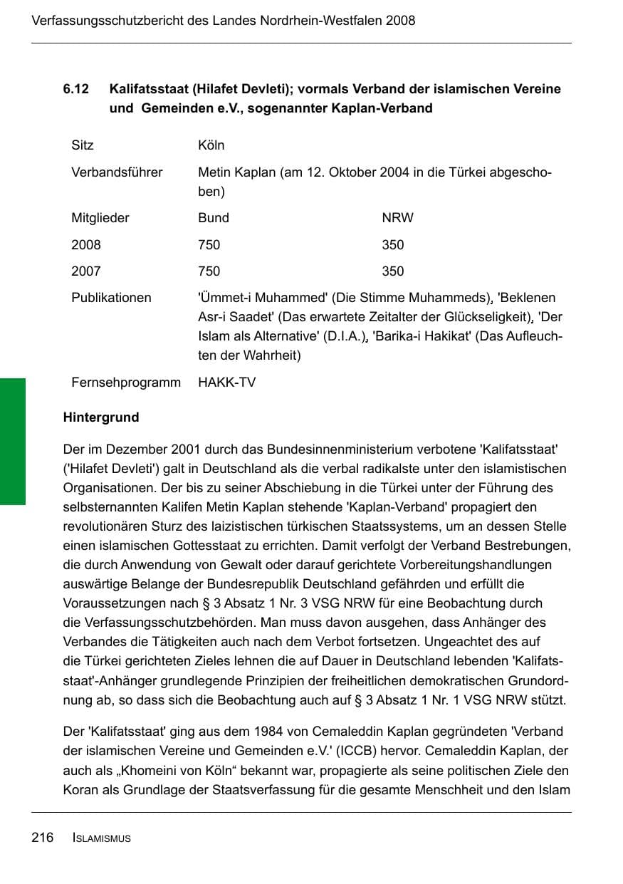 Seite 218 des Verfassungsschutzbericht 2008 Nordrhein-Westfalen