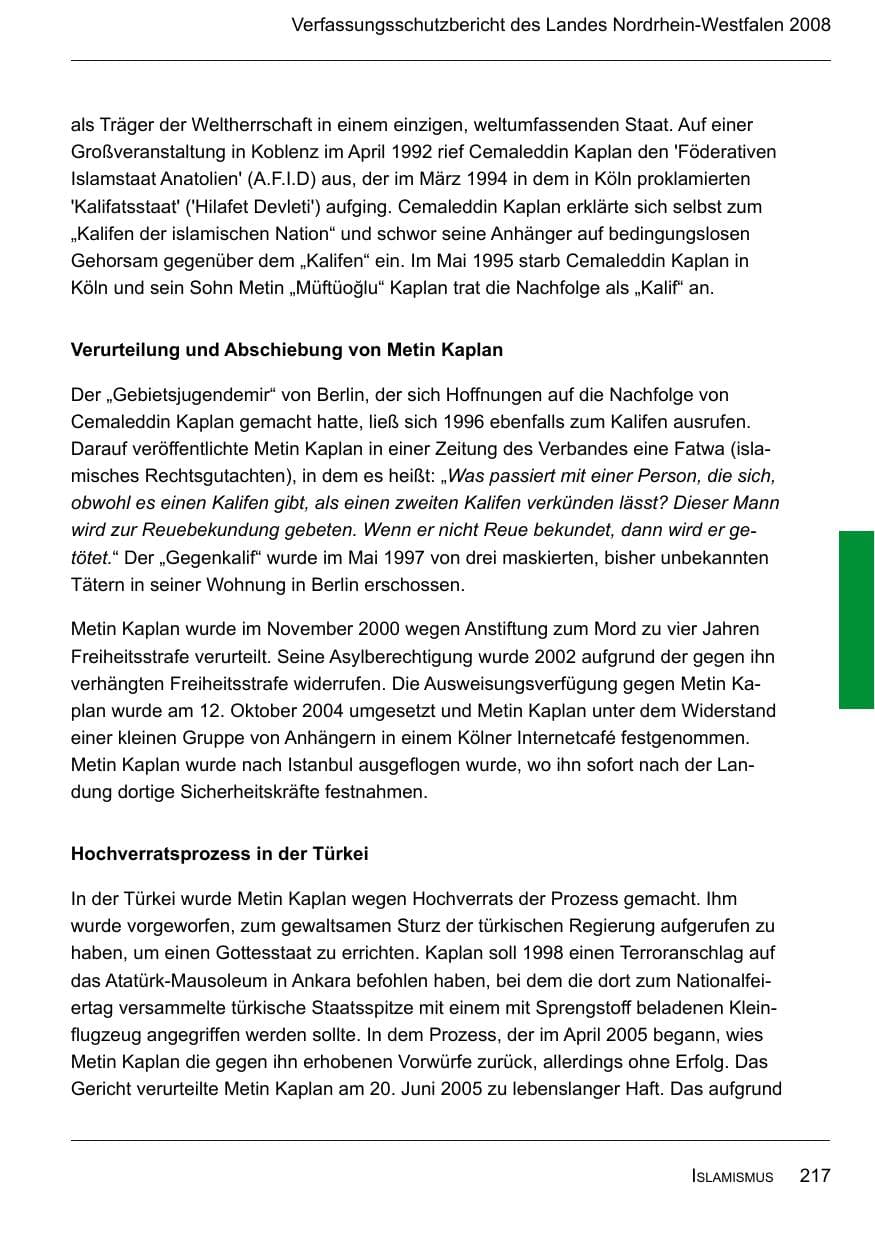Seite 219 des Verfassungsschutzbericht 2008 Nordrhein-Westfalen