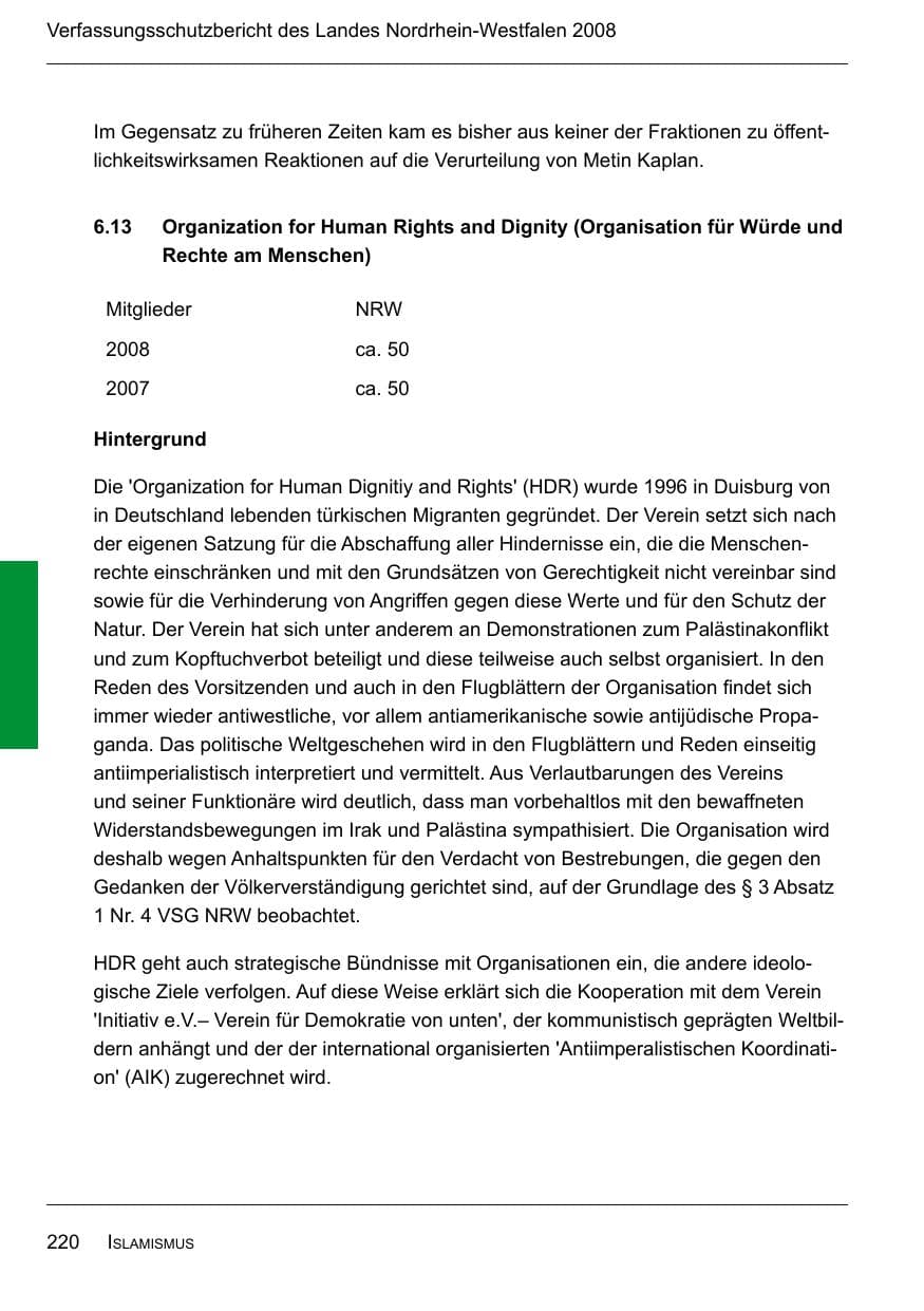 Seite 222 des Verfassungsschutzbericht 2008 Nordrhein-Westfalen