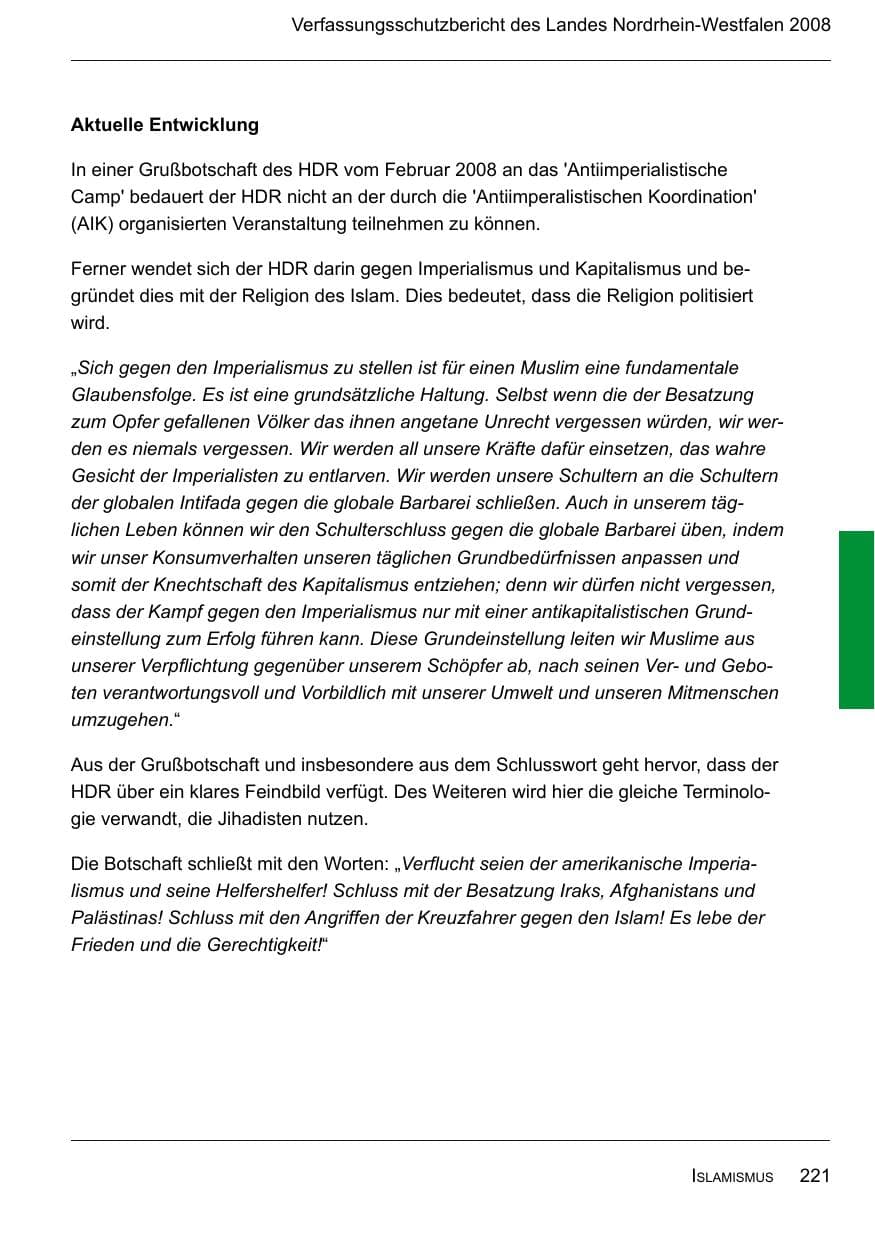 Seite 223 des Verfassungsschutzbericht 2008 Nordrhein-Westfalen