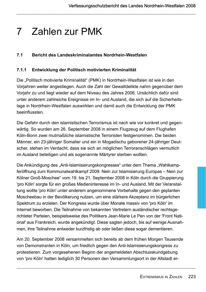 Seite 225 des Verfassungsschutzbericht 2008 Nordrhein-Westfalen