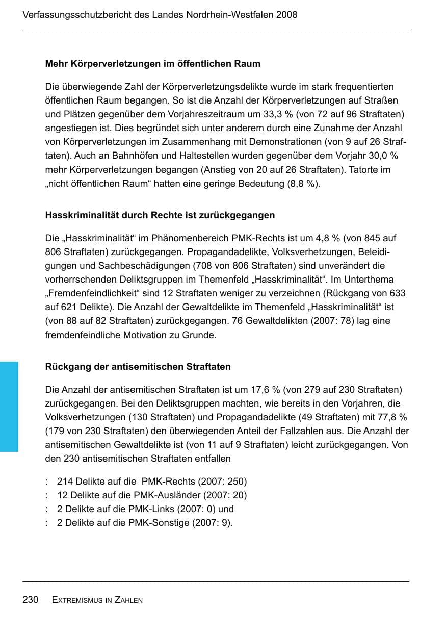 Seite 232 des Verfassungsschutzbericht 2008 Nordrhein-Westfalen