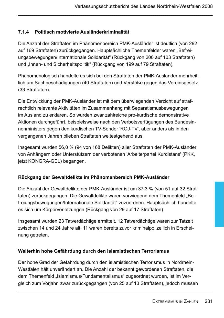 Seite 233 des Verfassungsschutzbericht 2008 Nordrhein-Westfalen