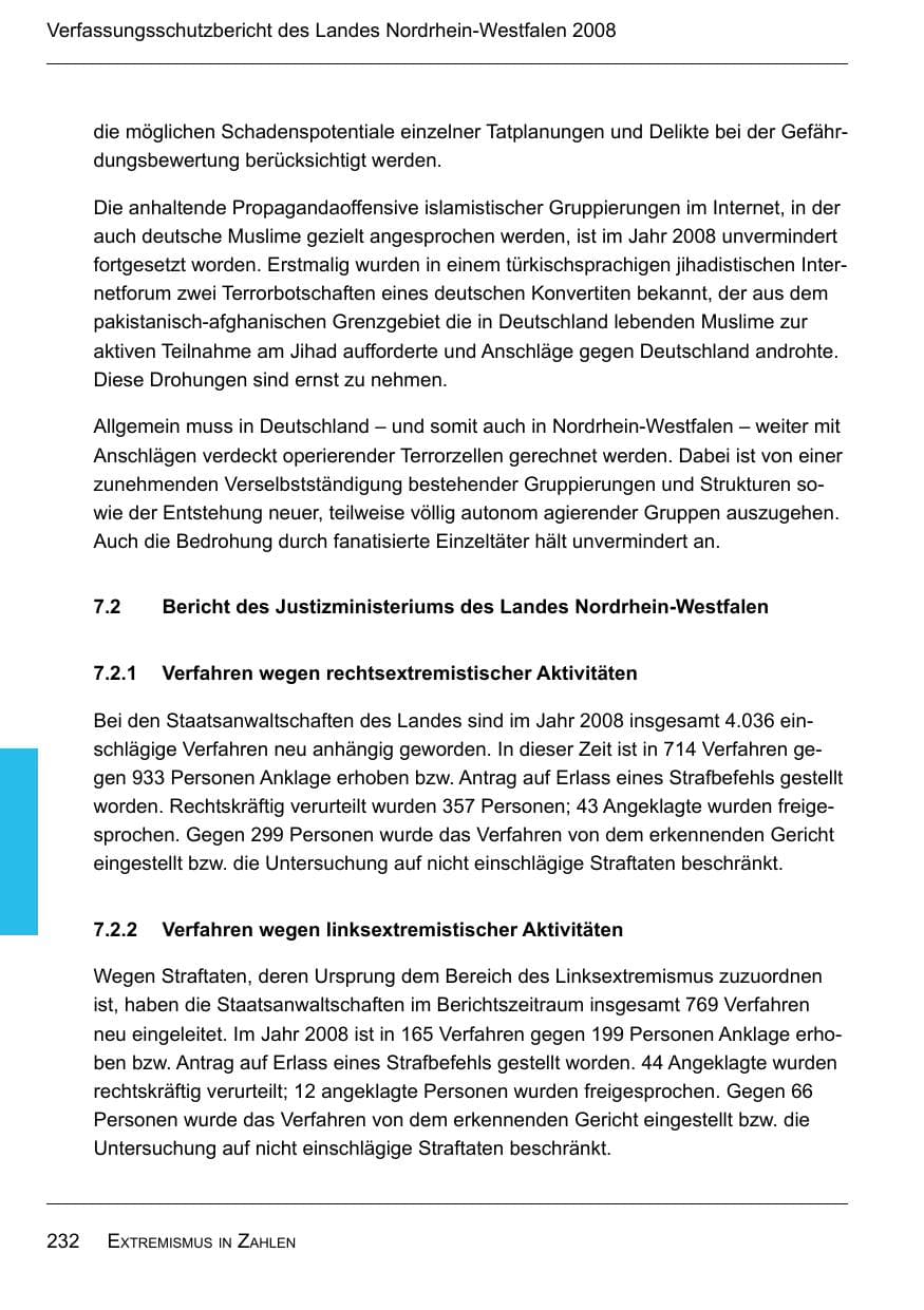 Seite 234 des Verfassungsschutzbericht 2008 Nordrhein-Westfalen