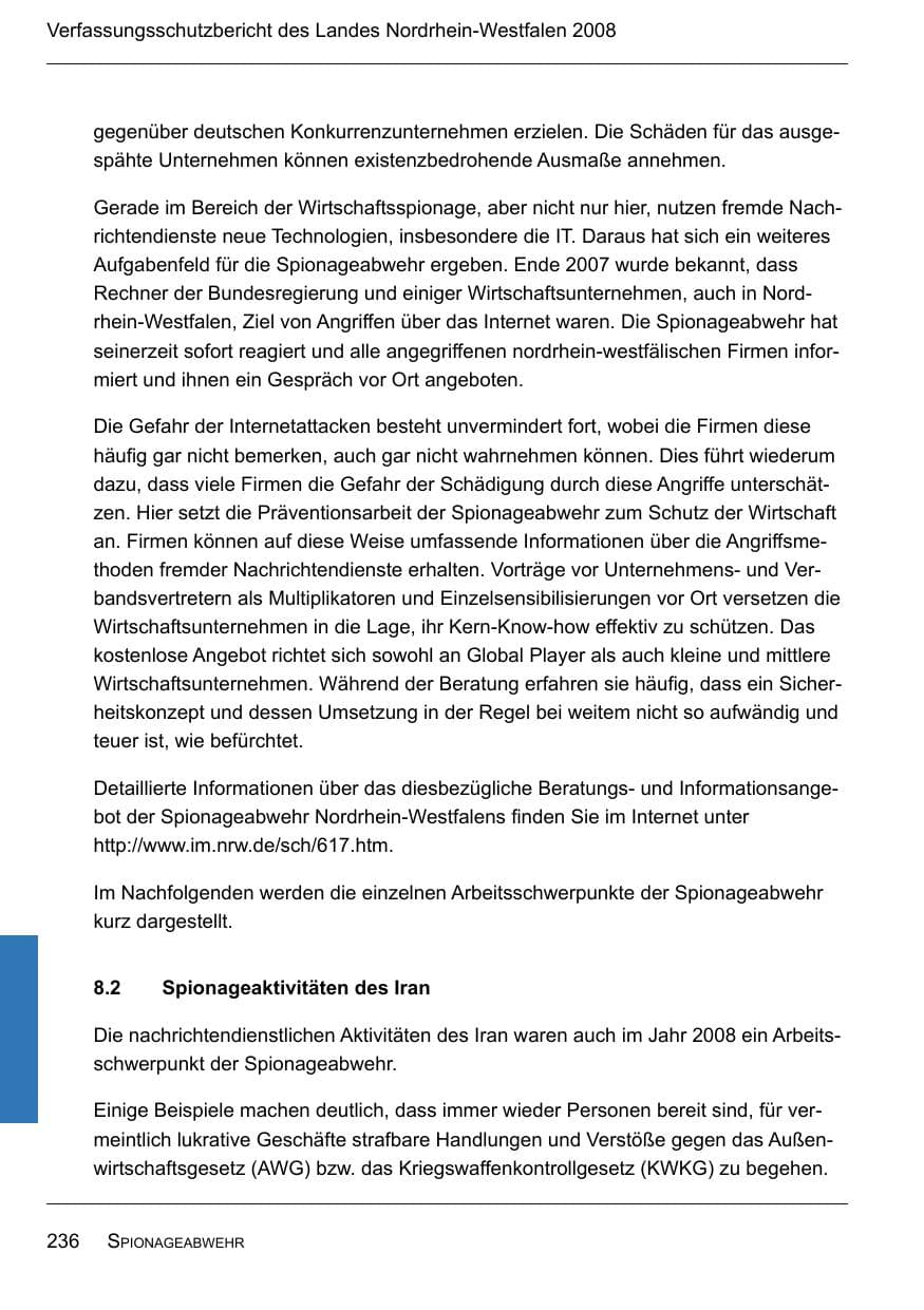 Seite 238 des Verfassungsschutzbericht 2008 Nordrhein-Westfalen