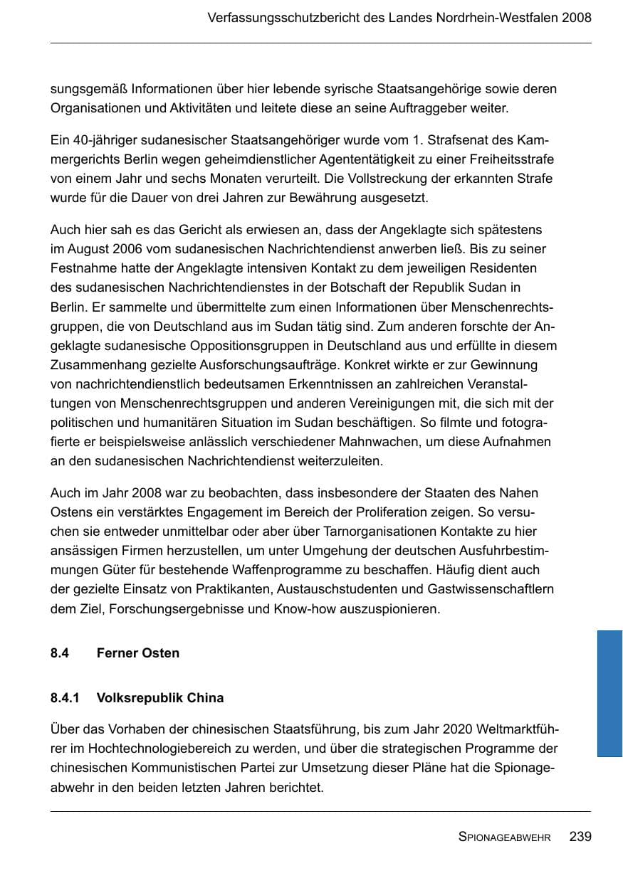 Seite 241 des Verfassungsschutzbericht 2008 Nordrhein-Westfalen